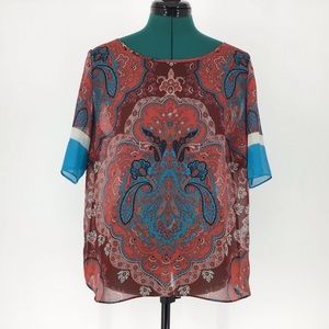 INC Sheer Red Paisley Short Sleeve Top, 12
